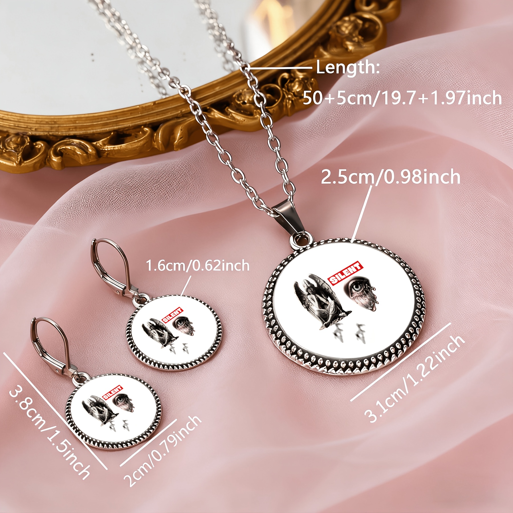 3pc Angel Statue Round Glass Necklace & Earrings Set